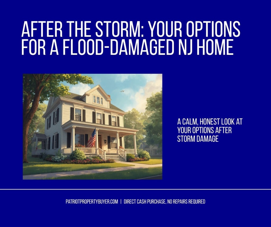 Colonial-style New Jersey home with an American flag on the front porch after summer storm damage