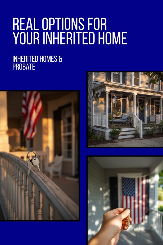 Warm sunlit front porch with house keys and an American flag, representing an inherited New Jersey home