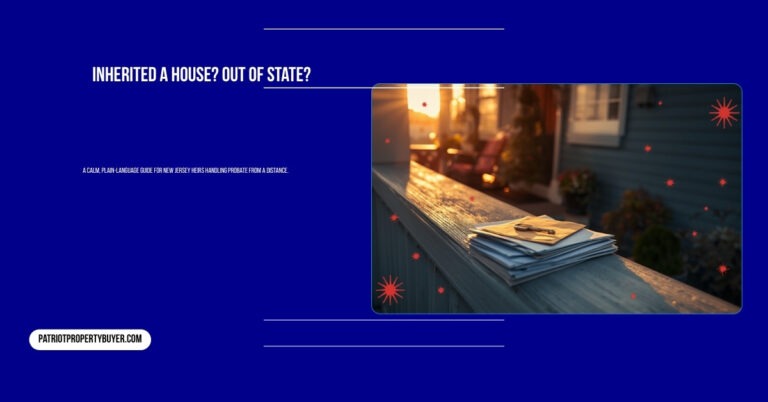 Sunlit New Jersey front porch railing with a house key resting on a stack of mailed probate documents, representing an out-of-state heir handling an inherited home from a distance