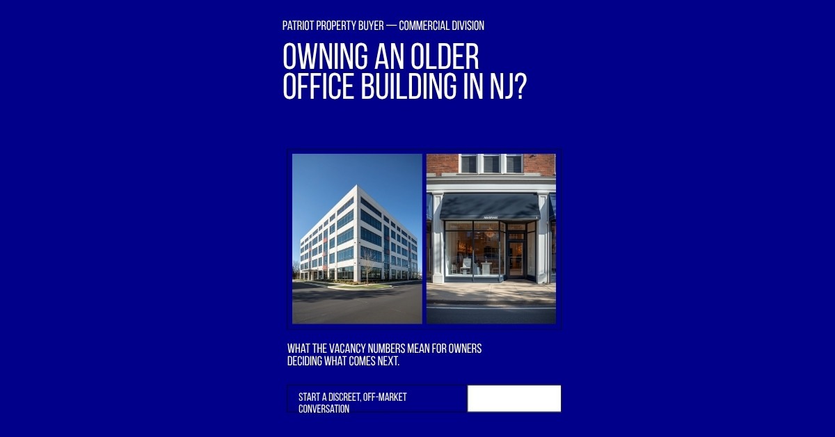 A clean modern New Jersey office building next to a classic Main Street storefront, representing commercial property options
