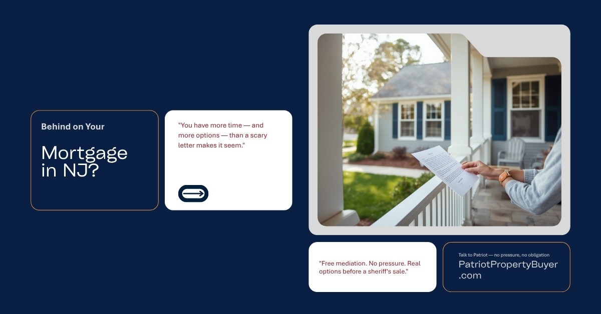 Calm homeowner reviewing a letter on the front porch of a well-kept New Jersey home in daylight
