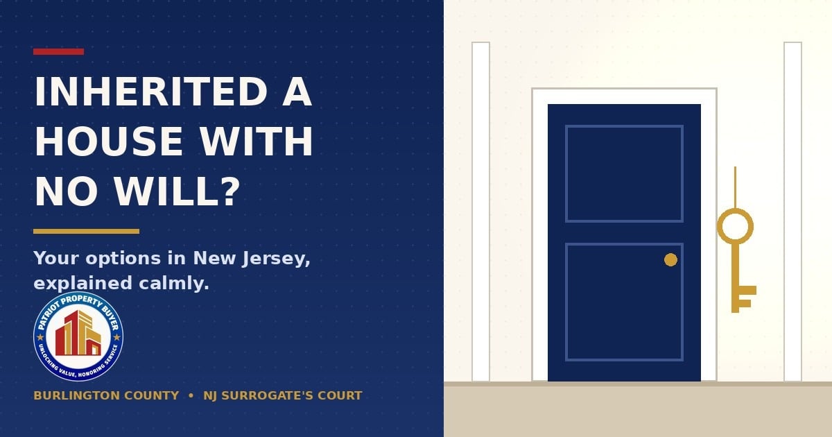 Navy front door with a gold house key on a sunlit porch - inherited house with no will in New Jersey