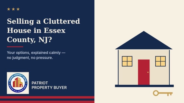 Navy and cream Patriot Property Buyer graphic of a New Jersey home with a red front door and brass key